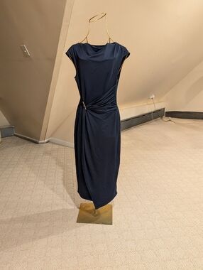 Navy Midi Dress with Ruched Waist Detail | Cap Sleeve | Bodycon Fit, NWT, Size L